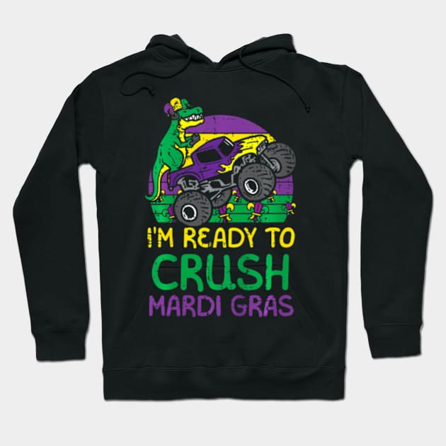 Kids Crush Mardi Gras Dino Monster Truck Funny Toddler Boys Kids Hoodie by Cristian Torres